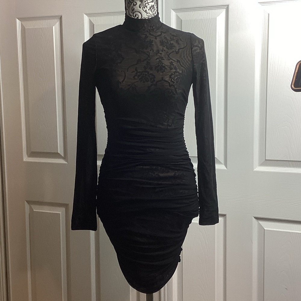 Windsor Black Ruched Lace Long Sleeve Dress Formal High‎ Neck XS